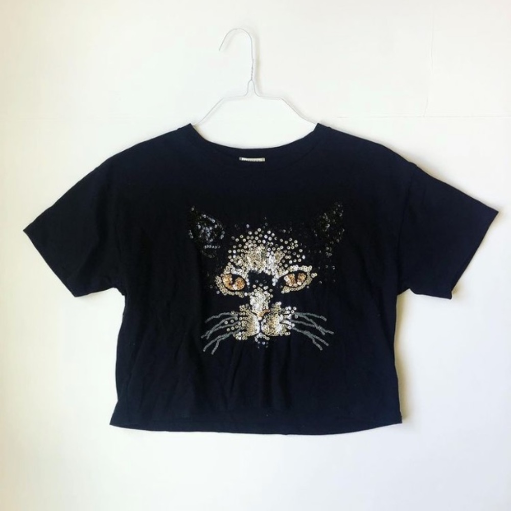 Forever 21 Black Boxy Sequin Cat Crop Top, S